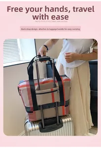 Détail du sac de voyage à carreaux montrant la sangle pour poignée de valise trolley