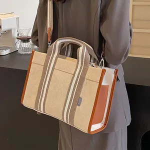 Grand Sac Fourre-Tout En Toile Pour Femmes Avec Bandoulière Rayée Et Garniture En Similicuir Sac À Main Décontracté Polyvalent