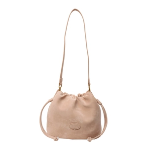 Retro beige drawstring bucket bag in matte finish with adjustable shoulder strap