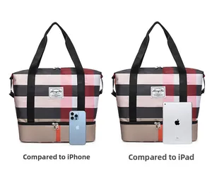 Détails du sac de voyage multifonctionnel à carreaux avec compartiment à chaussures séparé