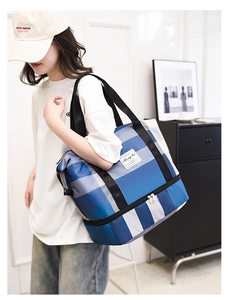 Sac de voyage en tissu Oxford rayé bleu et blanc avec compartiment à chaussures séparé à la base