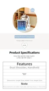 Detailed dimensions of white nylon backpack featuring handheld and shoulder strap views