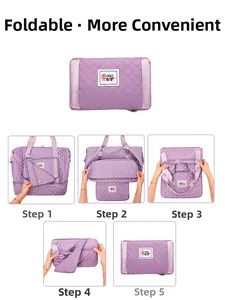 Macro detail showing step-by-step folding process of purple quilted oxford travel bag