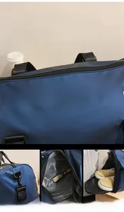 Detail view of the waterproof oxford travel bag featuring wet-dry separation and a shoe pocket