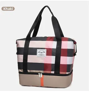 Vue détaillée du sac de voyage oxford kaki à carreaux avec compartiment à chaussures