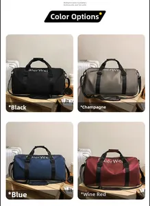 Collage of four waterproof nylon travel duffels in black, champagne, blue, and wine red
