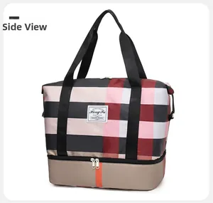 Détails du sac de voyage Oxford à carreaux avec compartiment à chaussures séparé