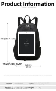Detailed technical diagram showing 41cm height and 0.31kg weight of the black backpack