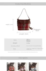 Detailed view of women plaid bucket bag showing dimensions 26x23x10cm and materials