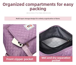 Detail of purple waterproof Oxford bag showing front zipper pocket and dry-wet separation layer