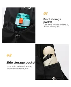 Detail of the water bottle and folding umbrella side storage pockets on a black nylon backpack