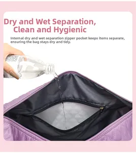 Detail showing the waterproof dry-wet separation compartment in a purple quilted travel bag