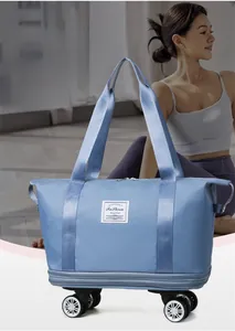 Detail view of water-resistant Oxford travel bag with 360-degree wheels and expandable base