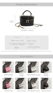 Detailed size chart and multi-color options for the quilted chain shoulder bucket bag