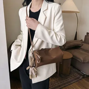 Women PU Leather Cylinder Shoulder Bag Retro Bow Knot Crossbody Barrel Handbag With Rabbit Pendant Chic Versatile