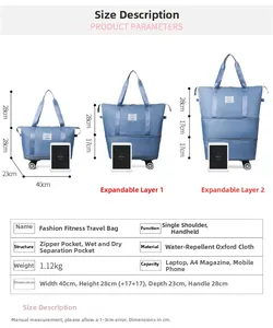 Oxford fabric travel bag size chart with multi-layer expansion and capacity details