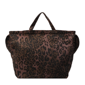 Leopard print canvas tote bag with reinforced dual handles and classic trapezoid design
