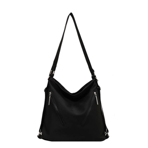 Minimalist black large capacity nylon tote bag with functional silver zippers