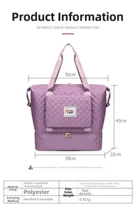 Detail of purple quilted oxford fabric travel bag with zipper extension and front pocket