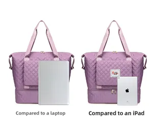 Detailed comparison of purple quilted travel bag capacity with 13-inch laptop and iPad