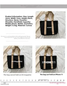 Detailed view of black canvas tote showing 33x12x29cm dimensions and high capacity