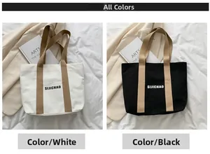 Detailed comparison of minimalist canvas tote bags in black and white with brown handles