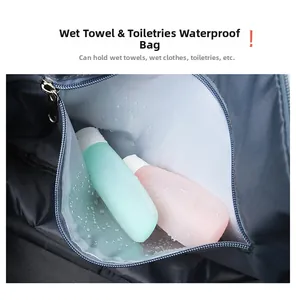 Detail of waterproof wet pocket inside navy oxford travel bag for toiletries
