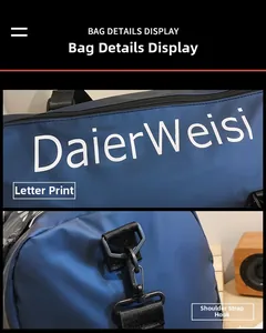 Detail view of the oxford fabric travel bag featuring letter print and durable strap hooks