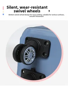 Detail of 360-degree silent universal wheels on light blue oxford travel bag