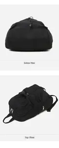 Detail view of black nylon backpack showing drawstring closure and side metal zipper