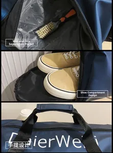Detail of waterproof Oxford travel bag showing dry-wet separation and shoe compartment