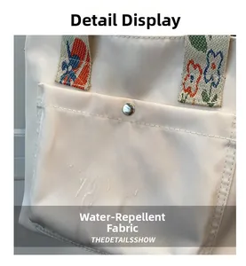 Macro shot of waterproof nylon fabric with water drops and floral print handle detail