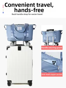 Detail of the trolley sleeve and anti-theft zipper pocket on the blue travel bag