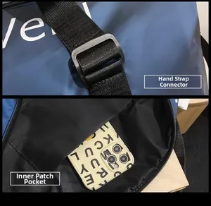 Detail view of Oxford tote bag handle link ring and inner patch pocket for travel