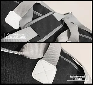 Détail de la bandoulière rembourrée et couture en cuir renforcée sur sac de voyage noir