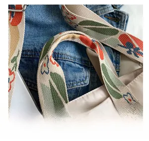 Detail of floral embroidered shoulder strap on beige nylon tote bag with macro texture