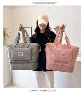 Quilted Oxford tote bags in grey and pink with separate bottom shoe compartment