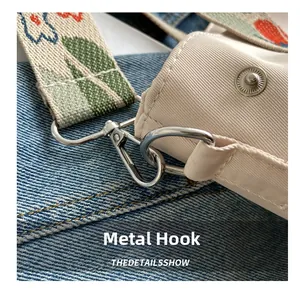 Macro detail of the silver hardware hook and embroidered strap on the nylon tote bag