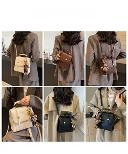 Model showcasing four colors of the retro matte leather multi-way bag with bunny charm