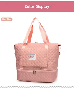 Detail view of pink quilted Oxford tote showing water-resistant fabric and zippers