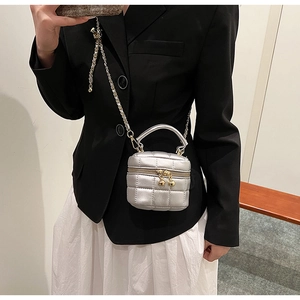 Silver quilted mini bucket bag with gold ball zipper and chain strap worn by a model