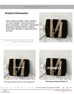 Detailed size chart for black canvas tote bag showing 30x12.5x30cm dimensions and capacity