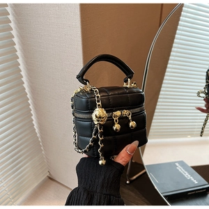 Detail of black quilted leather vanity bag with gold chain strap and lion emblem