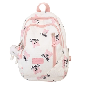 White large capacity backpack with cute pink bear patterns and plush keychain accessory