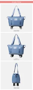 Detailed views of light blue Oxford travel bag with four white swivel wheels and handle