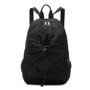 Large black waterproof nylon backpack for travel and students with drawstring front pocket
