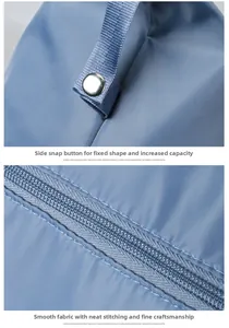 Detail of blue nylon travel bag showing metal snap buttons and precision stitching