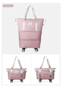 Detailed comparison of pink foldable travel bag showing expanded and folded storage modes