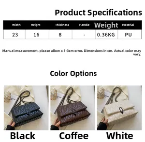 Detailed size chart and dimensions of the quilted chain shoulder bag in three colors