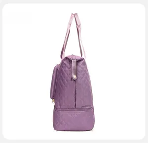 Side view of purple quilted oxford bag featuring a double-layer design and shoe compartment